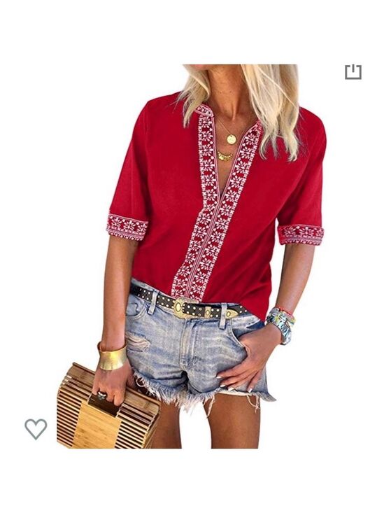 Unbranded Tops - Red Bohemian Embroidered Short Sleeve Tunic Shirt NWOT